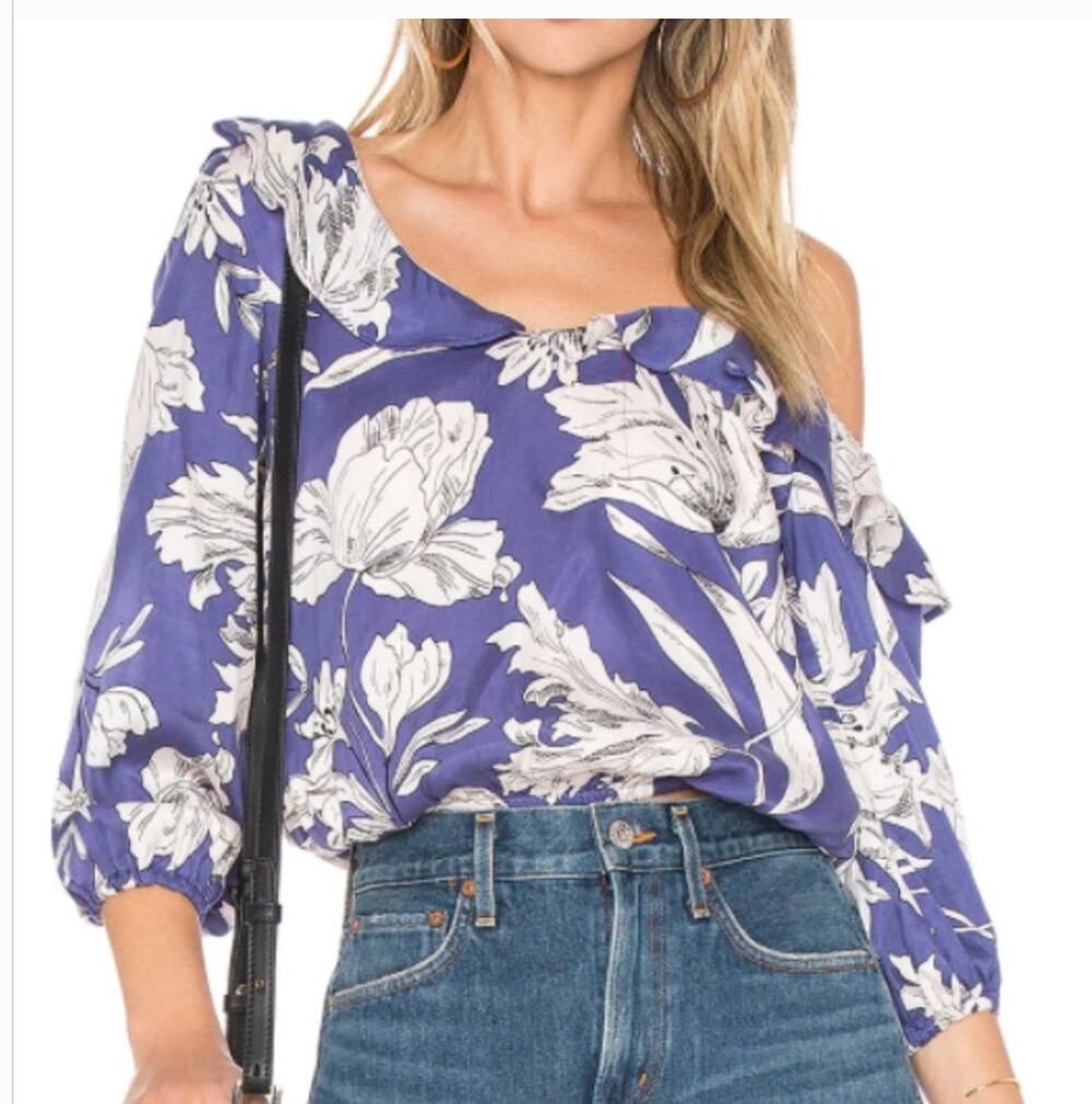 Lovers + Friends One Shoulder Floral Blouse Blue Puff Sleeve Crop Top XS